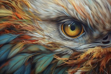 A detailed close-up of a bird's eye with feathers, depicted in fantasy art. Generative AI - obrazy, fototapety, plakaty