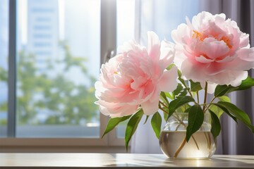 Sunlight graces a pink peony near a window with copy space