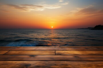 Fototapeta na wymiar Sunrise serenity Wooden table with a backdrop of a stunning, blurred sea sunrise