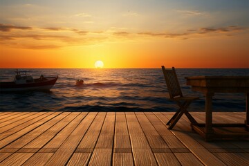 Sunset serenity Wooden table against the beauty of a sea sunset