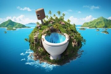 Fototapeta na wymiar a toilet on an island, symbolizing global toilet awareness. Generative AI