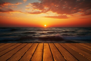 Fototapeta na wymiar Sunsets embrace The seas beauty captured on a blurred wooden table
