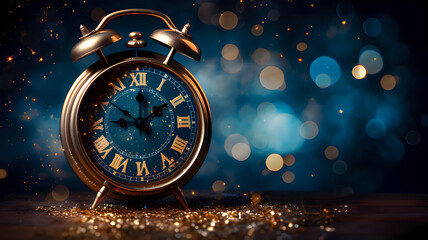 Design an image with a clock striking midnight against a shimmering blue and gold background, marking the arrival of the new year. - obrazy, fototapety, plakaty