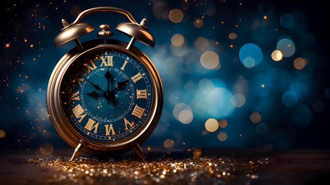 Design an image with a clock striking midnight against a shimmering blue and gold background, marking the arrival of the new year.
