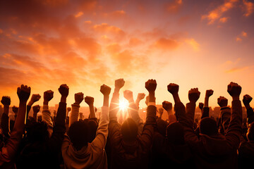 Fototapeta premium Multi-ethnic people raise their fists up in the air, during the autumn sunset background.