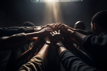  multi-ethnic Hands united together in the air in an office room. Working together concept