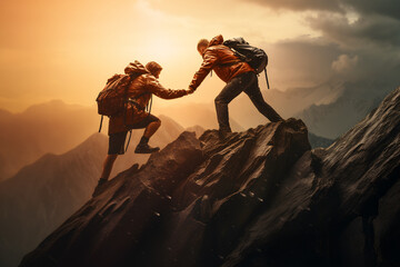 A Hiker helping a friend who is about to fall from the cliff to reach the mountain top, close-up image.
