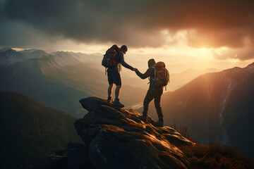A Hiker helping a friend who is about to fall from the cliff to reach the mountain top, close-up image. - obrazy, fototapety, plakaty