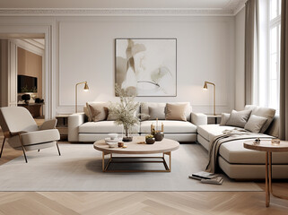 Ein luxuriöser Wohnbereich in einem schönen, hellen, modernen Haus im skandinavischen Stil, generative AI