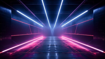 Dark neon corridor. Sci Fy neon glowing lamps in a dark tunnel. Reflections on the floor and walls, rays and spotlights. Generation AI