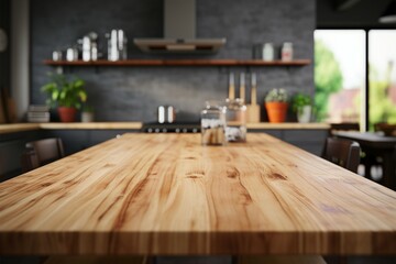 Tabletop of wood set atop a gently blurred kitchen counter