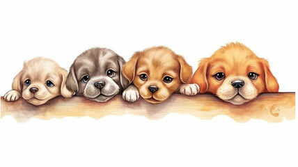 a group of cute watercolor puppies on a white background.