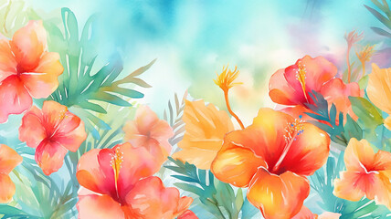 abstract summer watercolor background flowers landscape vacation. - obrazy, fototapety, plakaty