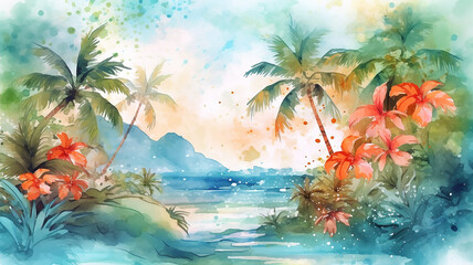 Fototapeta na wymiar abstract summer watercolor background flowers landscape vacation.