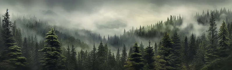 Printed roller blinds Dark gray panorama of a coniferous forest in the mist of tree tops.