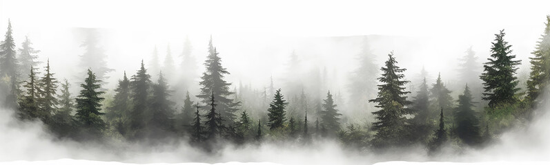 coniferous forest isolated on a white background panorama, tops of fir trees.