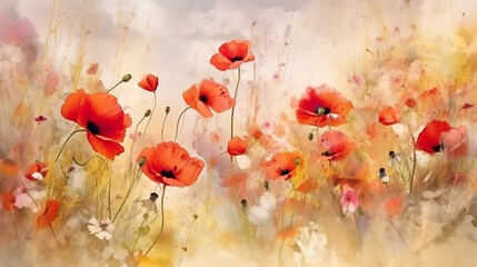 red poppies watercolor delicate drawing of wild flowers in a field on a white background.