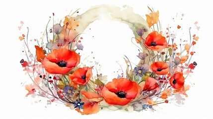 Obraz na płótnie Canvas red poppies watercolor wreath frame on white background.