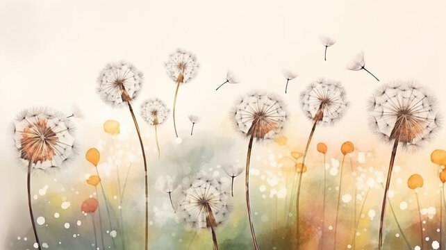 watercolor dandelions art light tones background wallpaper freedom of flight. © kichigin19