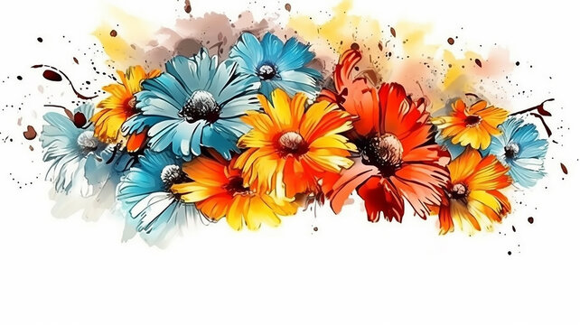 gerberas watercolor summer paint drawing, multicolored flowers.