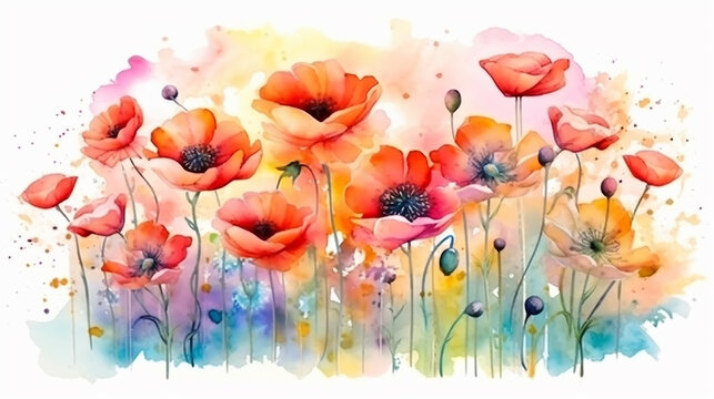 multicolored watercolor gradient rainbow flowers on a white background peonies poppies summer painting.