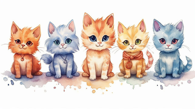 multicolored watercolor cats on a white background isolated.  AI