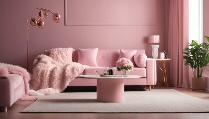 Pink-toned living room: Soft sofa adorned with fluffy blanket and pillows