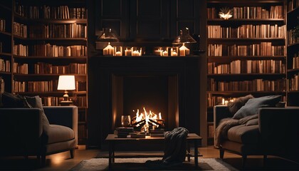 Comfortable fireplace room: Warm fire, bookshelves, and cozy armchairs