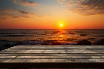 Fototapeta na wymiar Table by the shore Sea sunsets beauty on an empty wooden table
