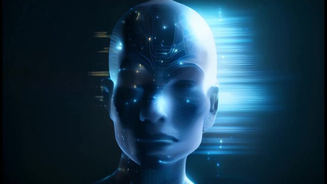 Silhouette of a human head in motion, technology concept, use of artificial intelligence, design, science, generative AI.