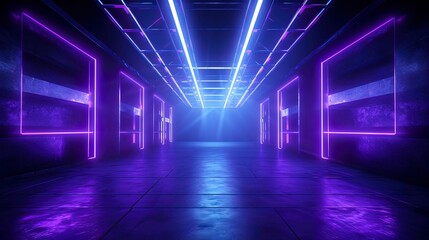 Glowing neon purple pink blue lights in an empty concrete room. Generation AI - obrazy, fototapety, plakaty