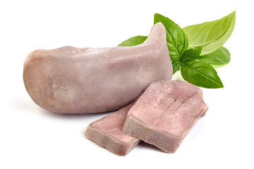 Boiled pork tongue with basil, close-up, isolated on white background.