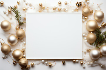 Flat lay of blank card on Christmas ornaments background, holiday concept