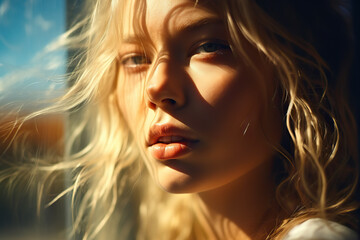Naklejka premium Luminous Elegance Abstract Portrait of a Blonde Woman Bathed in Sunlight. created with Generative AI