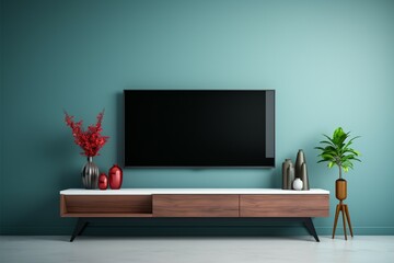 Television rests on a cabinet within a modern blue walled room - obrazy, fototapety, plakaty