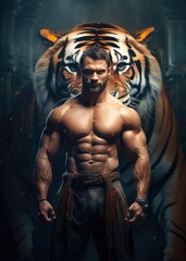 Fototapeta na wymiar Portrait of a strong muscular man with a big tiger on a dark background. Created with Generative AI tools