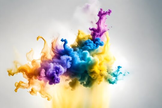 Colorful yellow  rainbow smoke paint explosion, color fume powder splash, motion of liquid ink dye in water, isolated on white background .