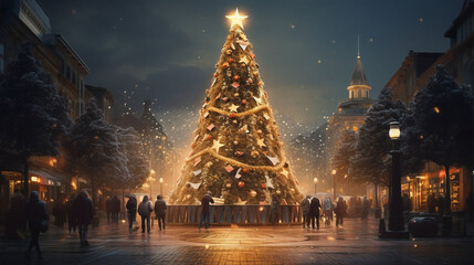 Illuminated Christmas tree in city center illustration. Decorated, bright, glowing, decorated, Generative AI - obrazy, fototapety, plakaty