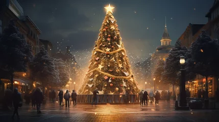Rolgordijnen Illuminated Christmas tree in city center illustration. Decorated, bright, glowing, decorated, Generative AI © Florin