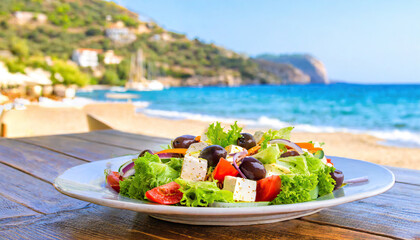 Greek salad with vegetables at beach restaurant - obrazy, fototapety, plakaty
