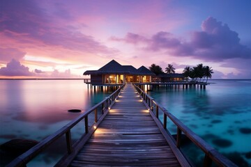 Fototapeta na wymiar Tranquil Maldives sunset, a breathtaking beachscape for luxury resort travelers