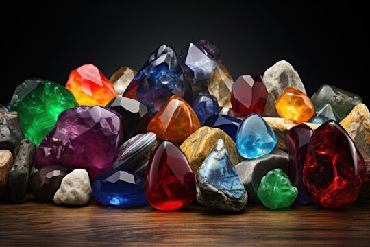 Collection of assorted gemstones in their raw, uncut form, beauty of precious stones. Amber, amethyst, topaz, jasper, beryl, jade, opal, turquoise, carnelian, hematite. Jewelry. GemStones therapy.