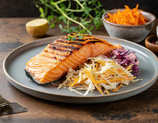 salmon on a plate with slaw