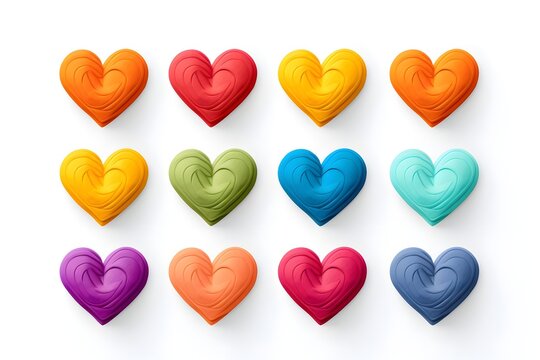 Happy Valentine's Day, set of colorful plasticine hearts. Y2K, colorful hearts designed for greeting cards, posters, banners, flyers, invitations to parties, and social media templates. Generative AI.