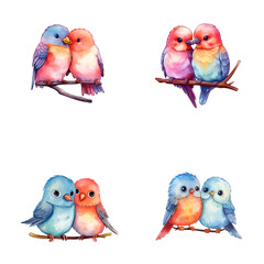 set of happy cute lovebird watercolor illustrations for printing on baby clothes, pattern, sticker, postcards, print, fabric, and books