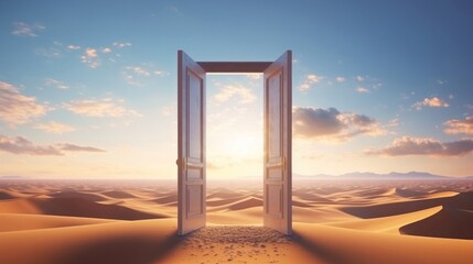 Wooden door standing open in the desert. Yellow desert, dunes, blue sky and clouds. Door to other worlds. Psychological concept, opening doors within yourself. Look inside yourself. Open your soul.