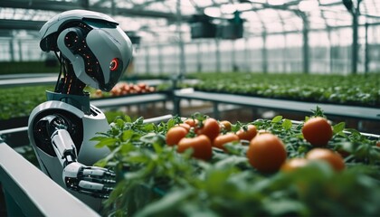 New agricultural technologies: AI robot for organic plant harvesting in urban greenhouses - obrazy, fototapety, plakaty