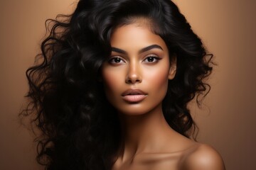 a macro close-up studio fashion portrait of a face of a young african woman with perfect skin, black hair and immaculate make-up. Skin beauty and hormonal female health concept