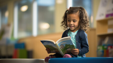 A little girl preschooler reading a book sitting at her desk in the classroom - obrazy, fototapety, plakaty