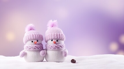  two knitted snowmen with pink hats and scarves.  generative ai